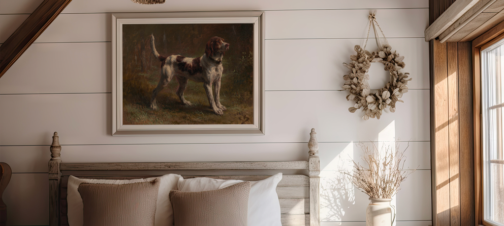 Oil painting of brown and white hunting dog