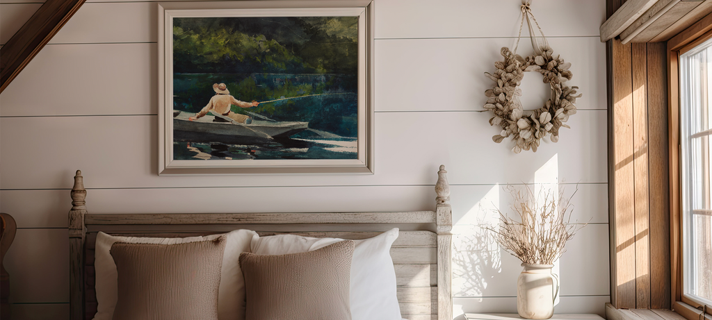 Oil painting of a man in a canoe on a pond casting a fishing line into the water.