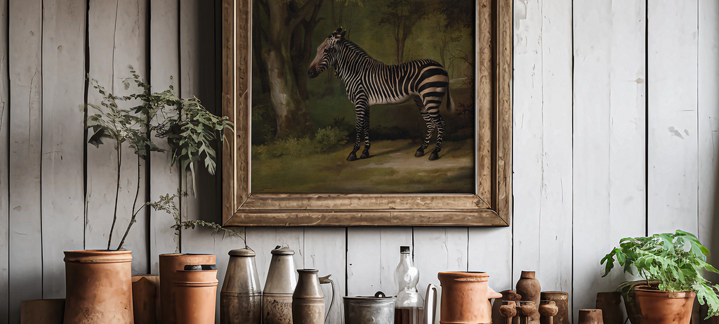 Dark oil painting of a zebra in the forest.