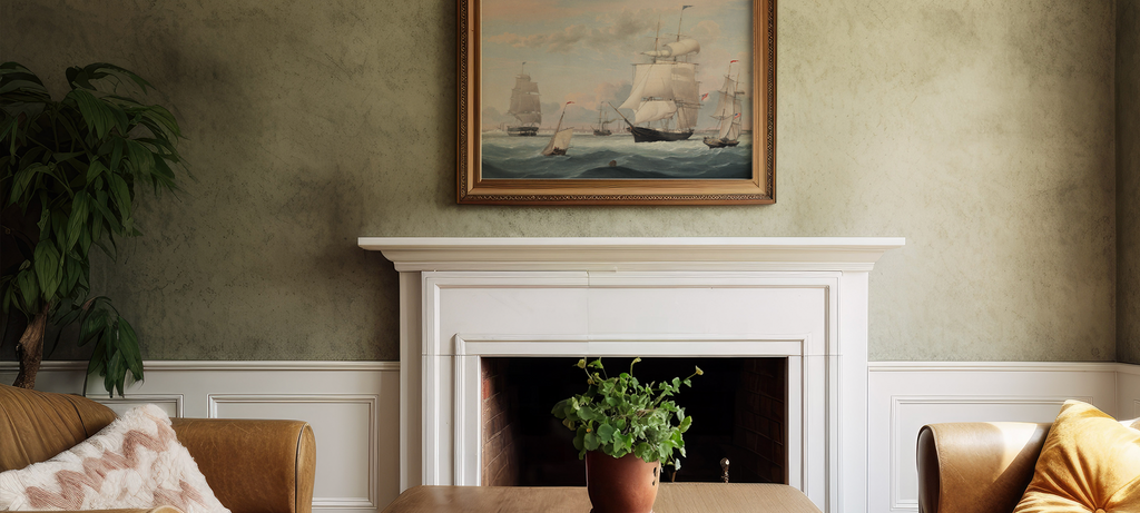 Oil painting of two double masted sailing ships in choppy green waters.